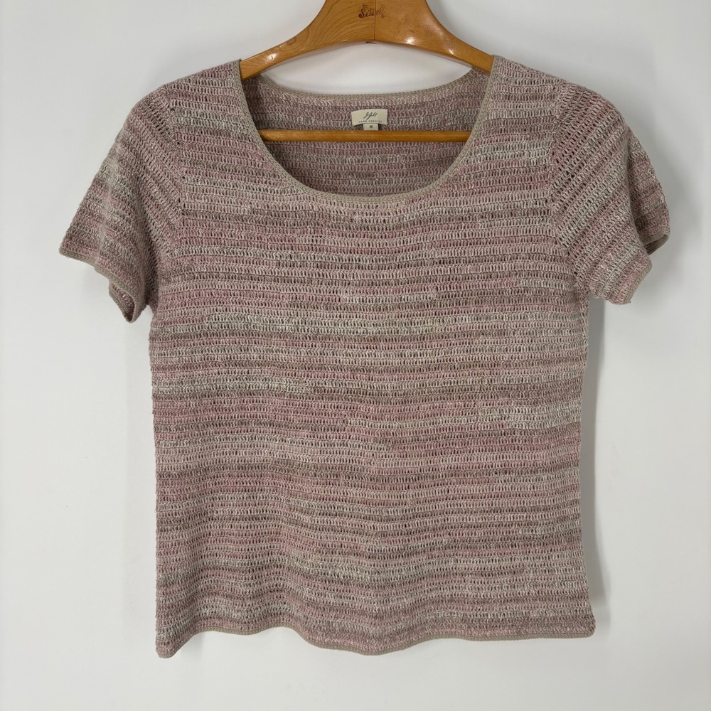 J. Jill Hand Crochet Linen Cotton Vintage Sweater Mauve Pink Stripe M Cottage